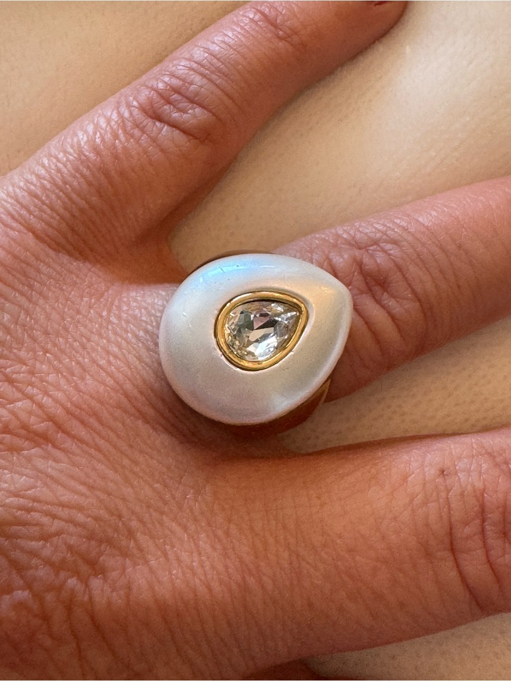 Gold & White Teardrop Pear Crystal Resin Statement Ring